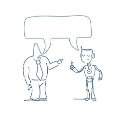 human robot talking chat box bubble communication concept, artificial intelligence sketch white background vector illustration
