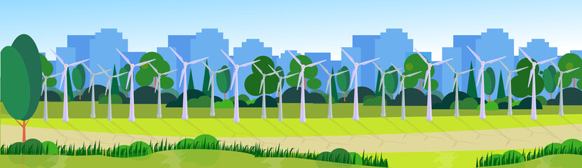 city park clean energy wind turbines green lawn trees on city buildings template background banner flat vector illustration © mast3r