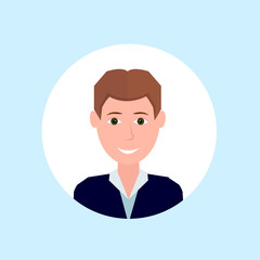 man face happy man portrait on blue background, male avatar flat vector illustration