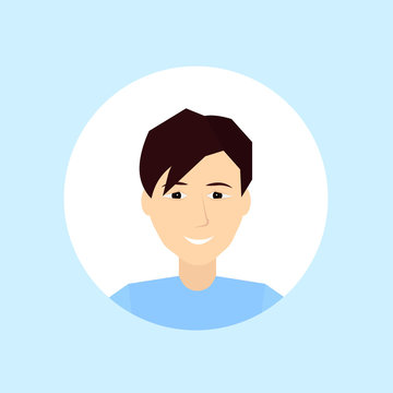 caucasian man face happy portrait on blue background, male avatar flat vector illustration