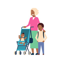 african grandmother with baby grandchildren in stroller, multi generation family, full length avatar on white background, successful family concept, tree of genus flat cartoon design vector