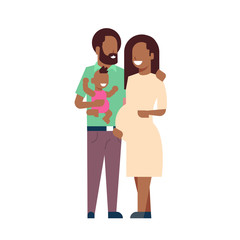 african pregnant mother father hold baby son full length avatar on white background, successful family concept, flat cartoon vector illustration