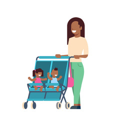african mother baby sister brother twins double stroller full length avatar on white background, successful family concept, flat cartoon vector illustration