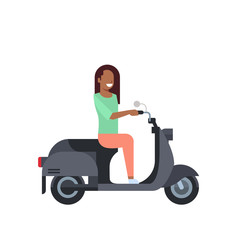 Fototapeta na wymiar african woman riding electric scooter over white background. motorcycle concept. cartoon full length character. flat style vector illustration