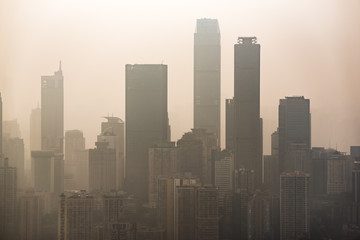 Fototapeta na wymiar Big city skyline in smog with skyscrapers silouhettes