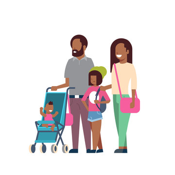african father mother daughter baby son in stroller full length avatar on white background, successful family concept, flat cartoon vector illustration