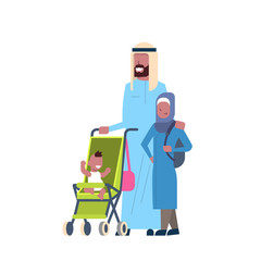 arab father daughter baby son in stroller full length avatar on white background, successful family concept, flat cartoon vector illustration