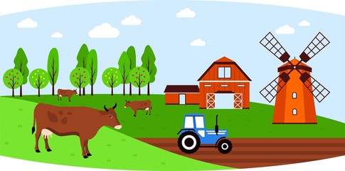 Farm rural landscape. Windmill, barn, cows and tractor on a farm field. Farm background. Vector illustration.