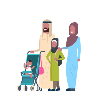 arab father mother daughter baby son in stroller full length avatar on white background, successful family concept, flat cartoon vector illustration