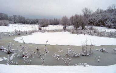 Beautiful winter landscape with a small river, trees.