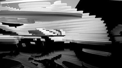 Abstract white and black interior multilevel public space with window. 3D illustration and rendering.