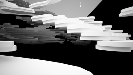 Abstract white and black interior multilevel public space with window. 3D illustration and rendering.