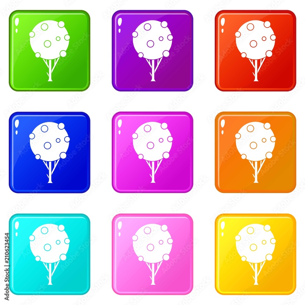 Poster tree with fruits icons of 9 color set isolated vector illustration