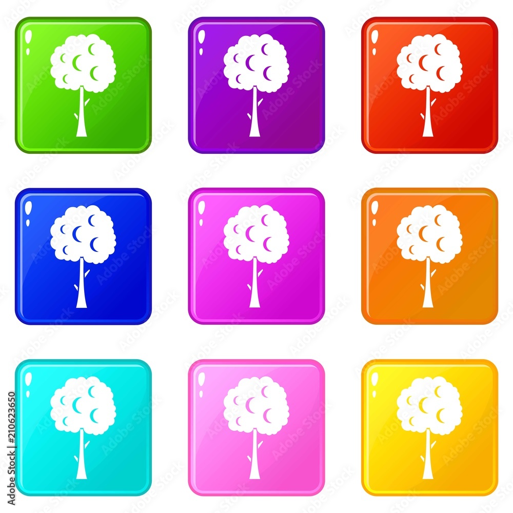 Poster tree with spherical crown icons of 9 color set isolated vector illustration