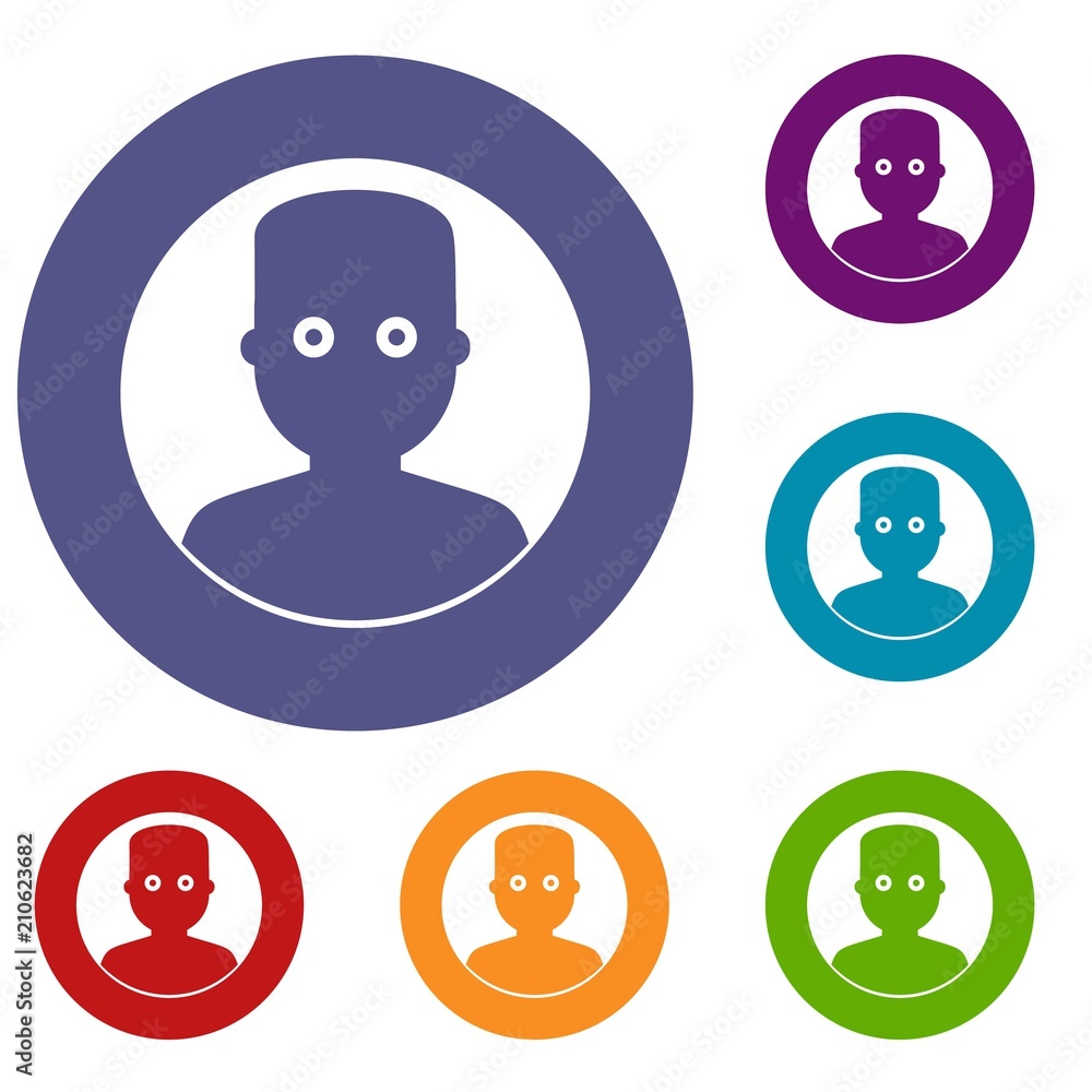 Poster man in the dark icons set in flat circle red, blue and green color for web