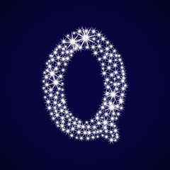 Letter of the alphabet Q. Vector illustration. Shiny stars on blue background.