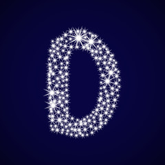 Letter of the alphabet D. Vector illustration. Shiny stars on blue background.