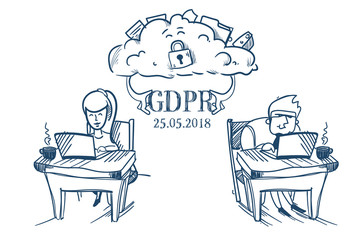 cloud synchronization businesspeople team working together office desk General Data Protection Regulation GDPR server security guard over white background hand drawn vector illustration