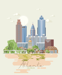 Georgia USA postcard. Peach state vector poster. Travel background in flat style. - 210625286