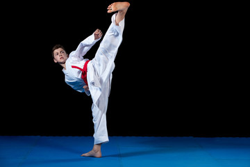 Young boy dressed in a white karate kimono with red belt.