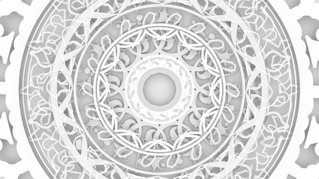 Decorative design elements rotating like old vintage clock mechanism. Patterns with geometric ornament. Circular ornamental symbol. Arabic and Indian motifs. Close up of a abstract mechanism.