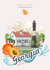 Georgia USA postcard. Peach state vector poster. Travel background in flat style. - 210625899