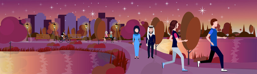 city night park mix race arab couple walking relax river lawn trees template background flat banner vector illustration