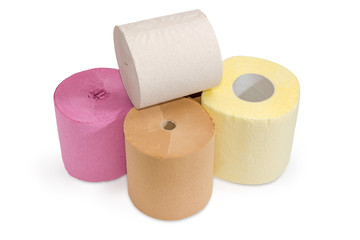 Rolls of various toilet paper different colors on white background