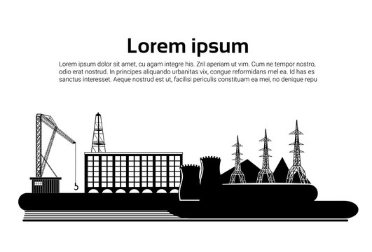 Factory building nature pollution plant pipe waste. silhouette of an oil drilling rig on white background. banner. flat copy space vector illustration