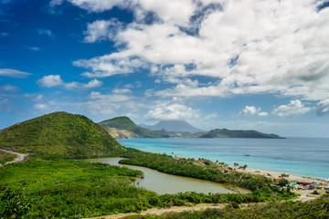 Landscape view of the Caribbean Sea and Atlantic Ocean looking south of St Kitts island from the...