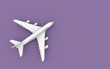 3D illustration of Airbus A380 airplane isolated on violet  pastel color background. Flat lay design. Top view