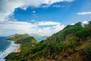 Landscape view of the Caribbean Sea and Atlantic Ocean looking south of St Kitts island from the top of Timothy Hill