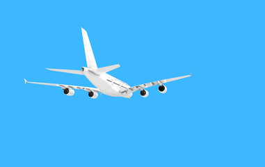 Fototapeta na wymiar 3D illustration airplane of Airbus A380 isolated on blue background. Rear bottom view. Perspective