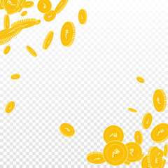 Indian rupee coins falling. Scattered floating INR coins on transparent background. Immaculate scatter abstract corners vector illustration. Jackpot or success concept.