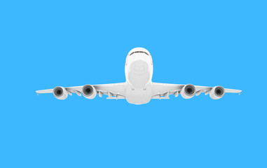 3D illustration airplane of Airbus A380 isolated on blue background. Front bottom view