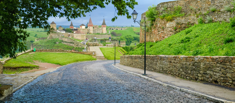 View of Kamianets-Podilskyi fortress from Old Town, Ukraine