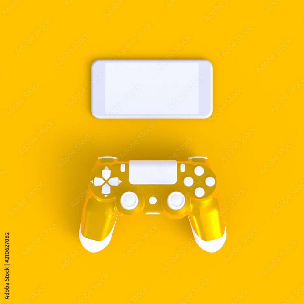 Sticker yellow joystick with smart phone on yellow table background, computer game competition, gaming conce