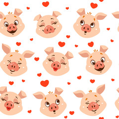 Seamless pattern with love pigs, hearts, kisses.