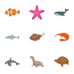 Underwater animals icons set. Cartoon set of 9 underwater animals vector icons for web isolated on white background