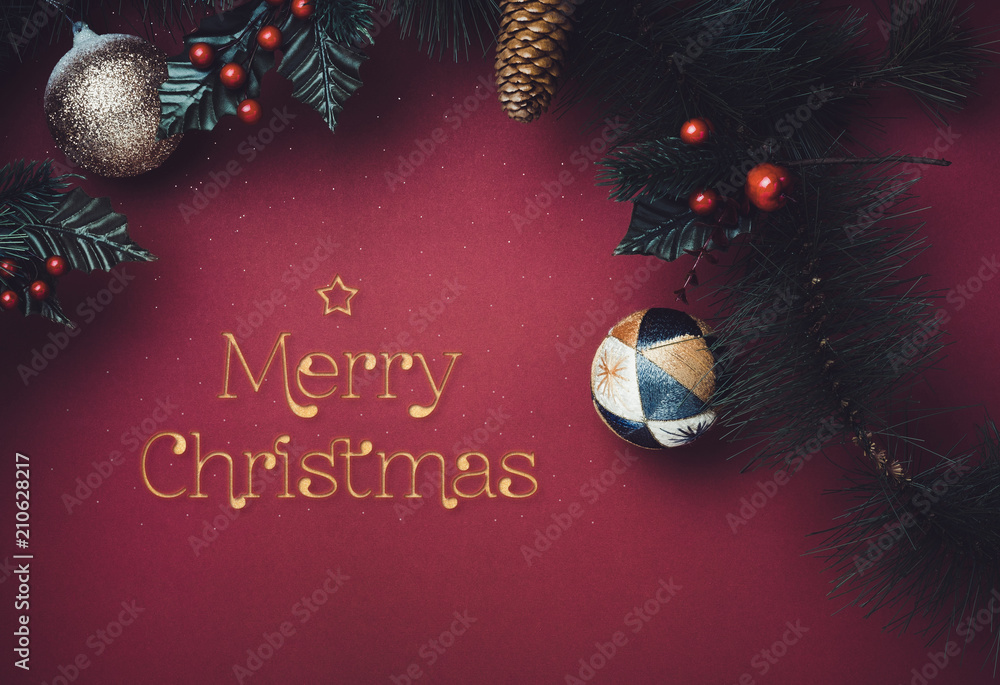 Poster golden sparkle merry christmas text with star with ball and fir branches for wreath with cherry and 