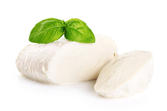 Mozzarella and basil isolated on white background.