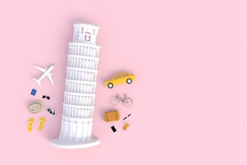 Leaning Tower of Pisa, Italy, Europe, Italian Architecture, Top view of Traveler's accessories abstract minimal pink background, Essential vacation items, Travel concept, 3d rendering