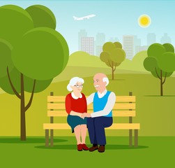 Old family  in nature sitting on bench  in the park. Grandfather and grandmother. Vector flat illustration