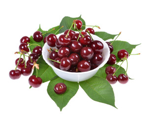 Sour cherry on a green leaf isolated on white background