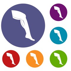 Plastic surgery of legs icons set in flat circle red, blue and green color for web
