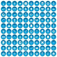 100 archeology icons set in blue circle isolated on white vector illustration