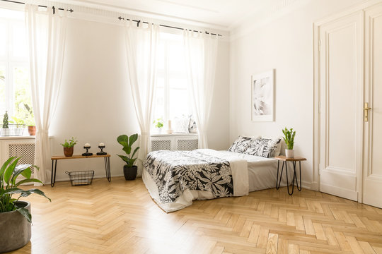 Patterned sheets on bed under poster in spacious bright bedroom interior with plants. Real photo