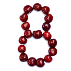 Number eight. A figure composed of cherries isolated on a white background.
