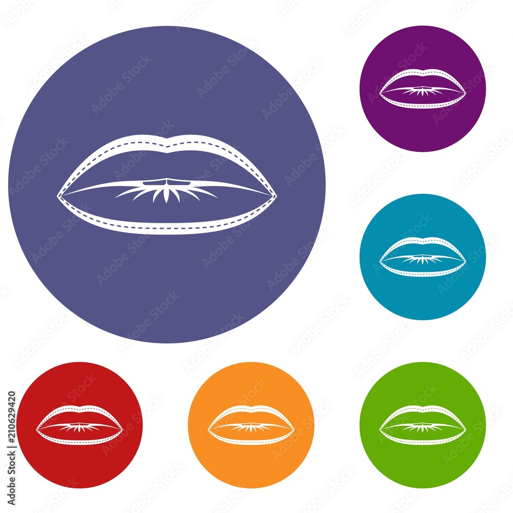 Poster lips with lines drawn around it icons set in flat circle red, blue and green color for web