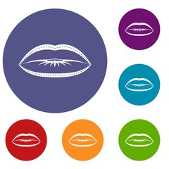 Lips with lines drawn around it icons set in flat circle red, blue and green color for web